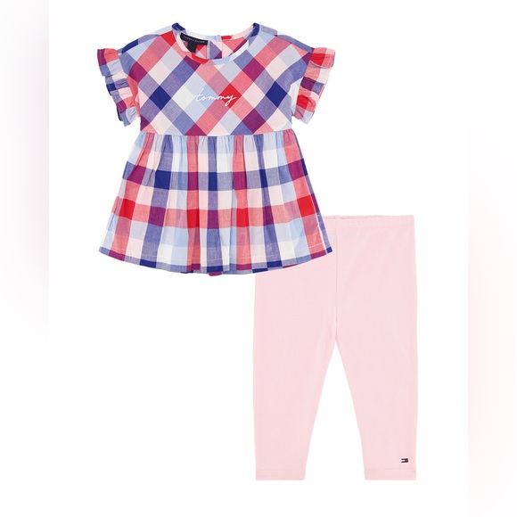 NWT TOMMY HILFIGER Little Girls Ruffle-Sleeve Plaid Tunic & Legging Set - Picture 1 of 3